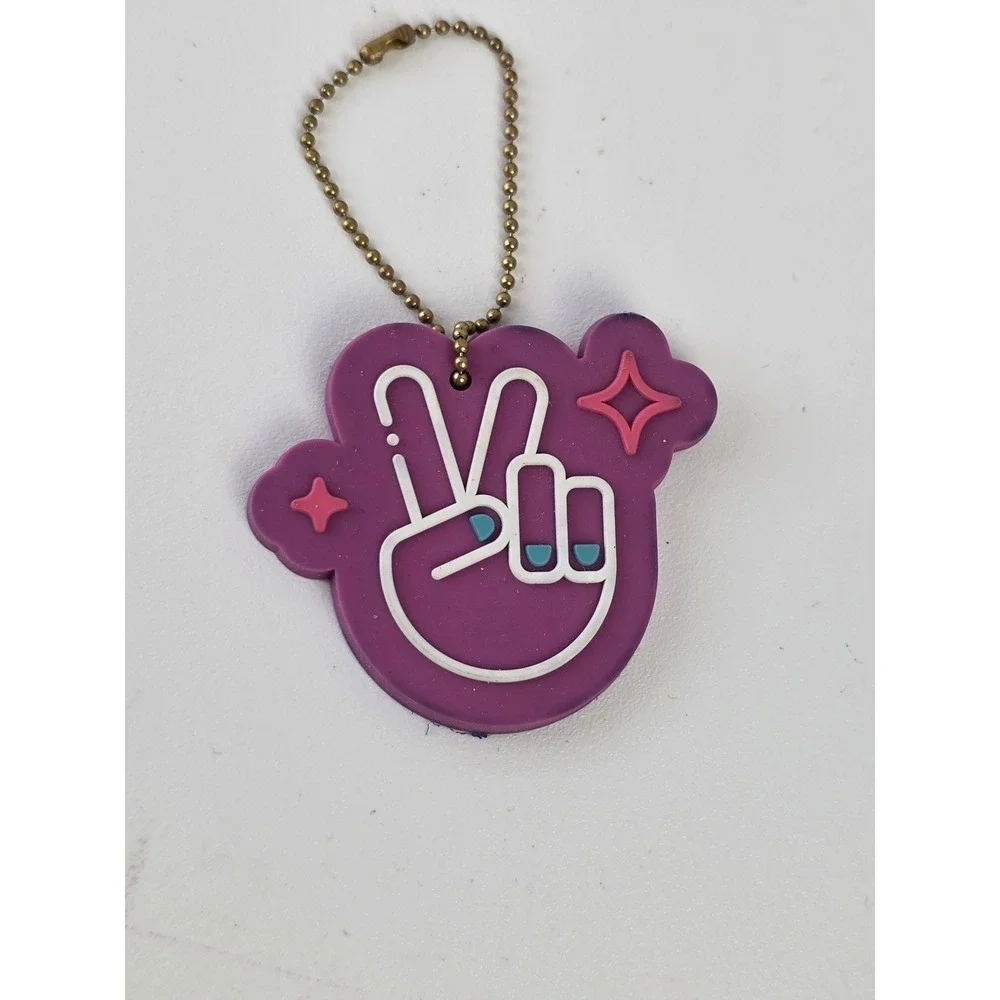 Purple Peace Sign Hand Rubber Keychain Gold Ball Chain Bag Charm Sparkle Accent